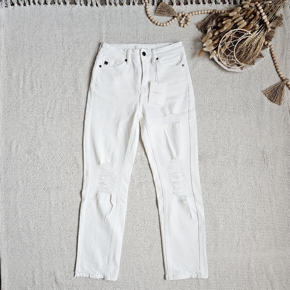 KanCan High Rise Slim Straight Fit Denim Jeans Stretch Distressed White 1/24 NEW - Picture 2 of 13
